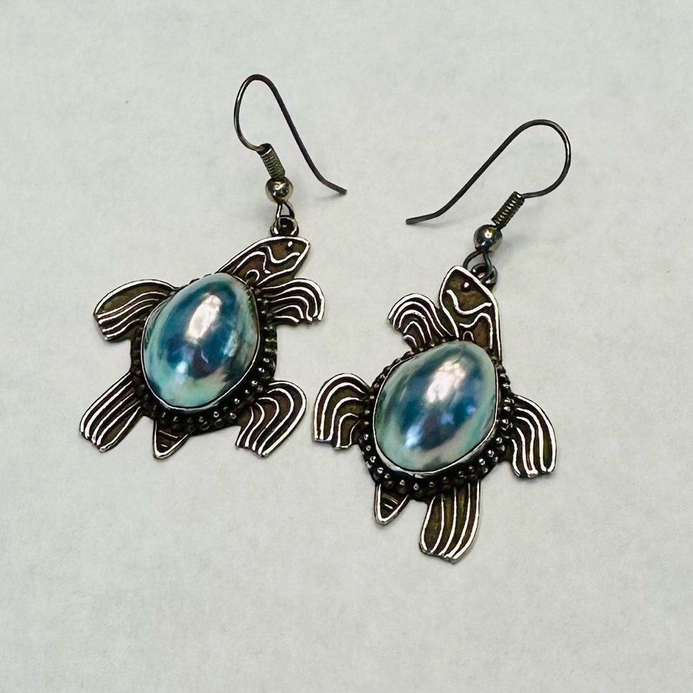 Vintage Turtle Sterling Silver & Pearl Dangle Drop Earrings